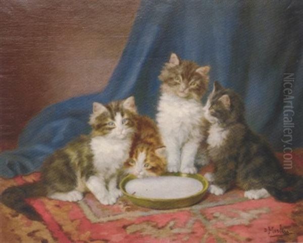 Kittens With A Saucer Of Milk Oil Painting by Daniel Merlin