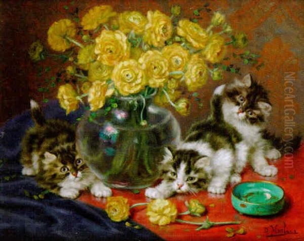 Autour Du Vase (ranunculus Et Chats) Oil Painting by Daniel Merlin