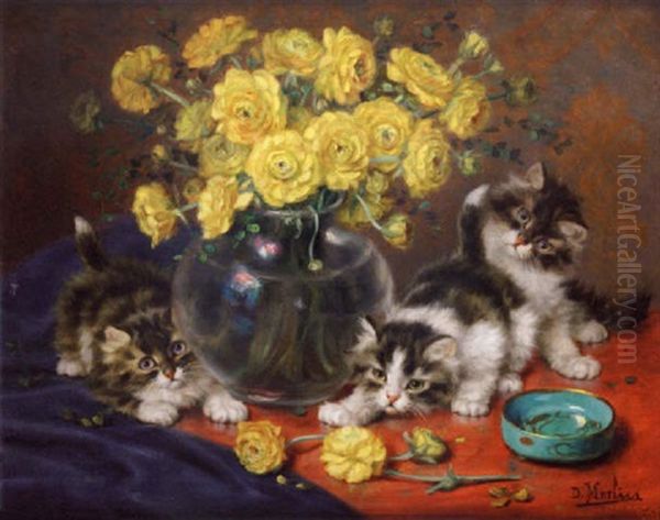 Autour Du Vase (ranunculus Et Chats) Oil Painting by Daniel Merlin