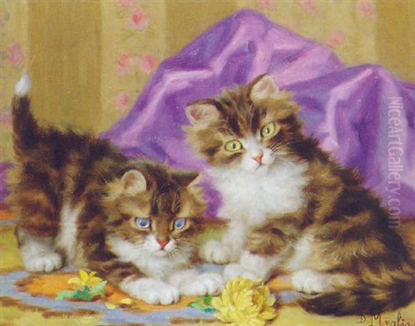 Kittens And A Chrysanthemum Oil Painting by Daniel Merlin