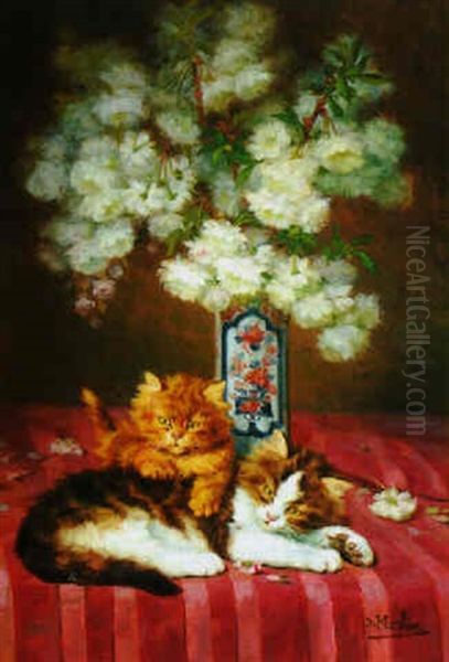 Cats Around The Chinese Vase Oil Painting by Daniel Merlin