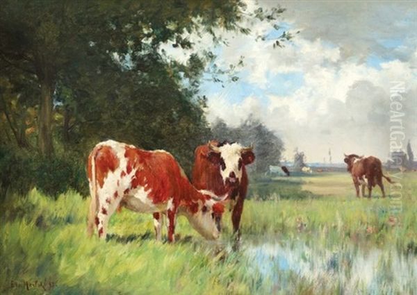 Cattle Grazing Oil Painting by Emile Justin Merlot