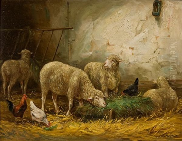 Stall Mit Schafen Und Huhnern Oil Painting by Emile Justin Merlot