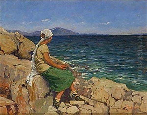 Flicka Vid Havet Oil Painting by Istvan Meroe