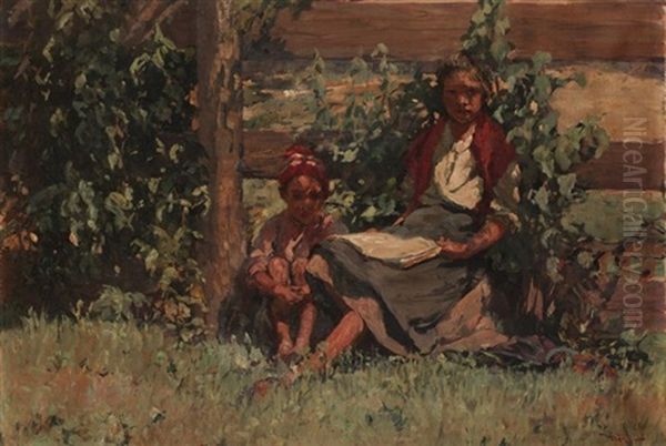 Two Children In A Summer Landscape Oil Painting by Istvan Meroe