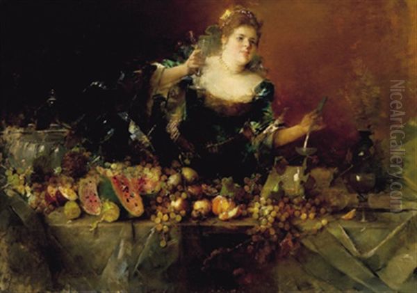 Reiche Obsttafel Mit Junger Frau Oil Painting by Karl Von Merode