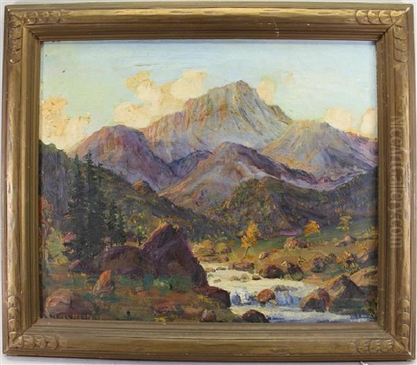 Painting Of A Western American River Landscape With Mountains In The Background Oil Painting by James Arthur Merriam