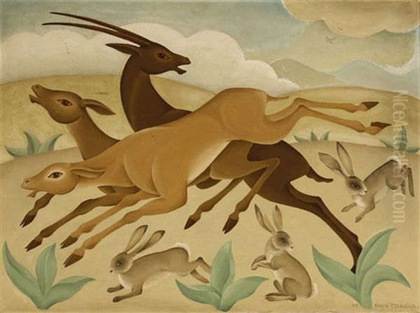 Stylized Desert Landscape With Springbok And Rabbits Oil Painting by Knud Merrild