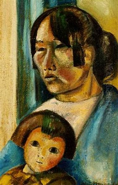 Mother And Child (taos Indians) Oil Painting by Knud Merrild