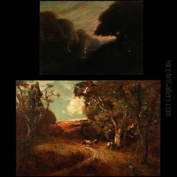 Pastoral Scene (+ Sunset At The Lake Cabin, Smllr; 2 Works) Oil Painting by Jules R. Mersfelder