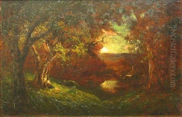 Wooded Landscape At Sunset Oil Painting by Jules R. Mersfelder