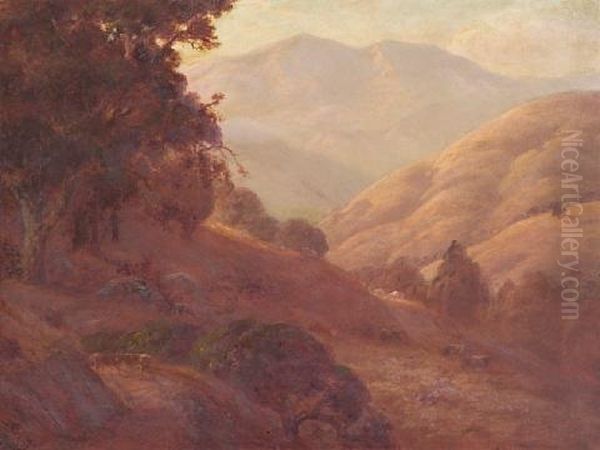 Cattle Grazing On Golden Hillsides Oil Painting by Jules R. Mersfelder