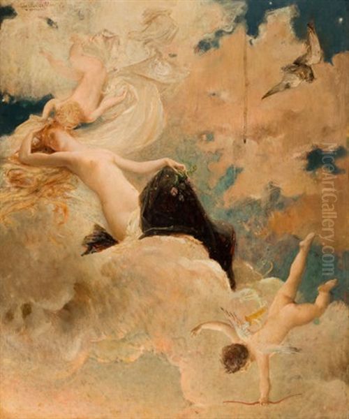 An Ethereal Beauty With Putti In The Clouds Oil Painting by Luc-Olivier Merson