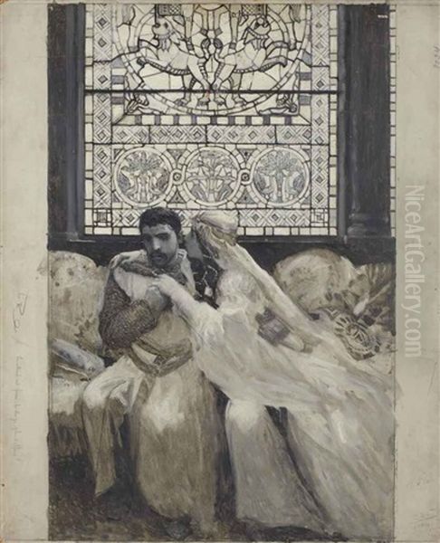 Melissinde Et Bertrand D'allamanon Devant Un Vitrail (edmond Rostand, La Princesse Lointaine, Acte Iii, Scene Vii) Oil Painting by Luc-Olivier Merson