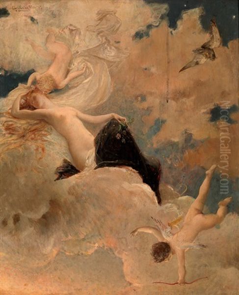 A Beauty Surrounded By Clouds Accompanied By Putti Oil Painting by Luc-Olivier Merson