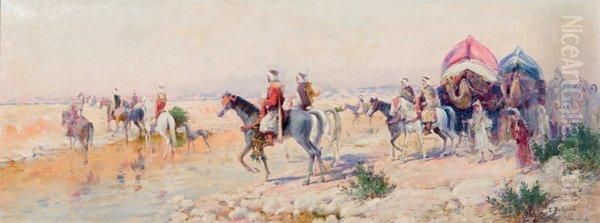 Caravane Traversant Un Oued Oil Painting by Louis-Emile Bertrand