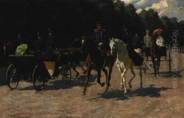 Ausritt Eines Offiziers Mit Damenbegleitung Im Englischen Garten Oil Painting by Oscar Merte