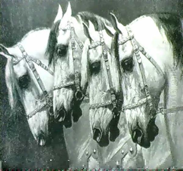 Heads Of Four Horses Oil Painting by Oscar Merte