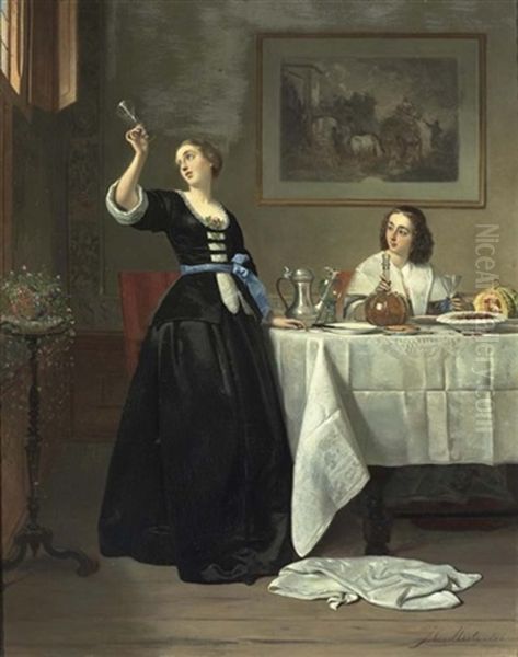 Le Dejeuner: Interieur Mit Zwei Eleganten Damen Um Einen Gedeckten Tisch Oil Painting by Johann Cornelius Mertz