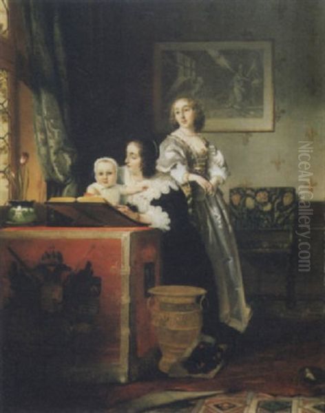 Femmes Et Enfant Dans Un Interieur Oil Painting by Johann Cornelius Mertz