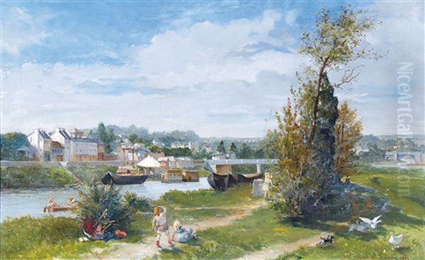 Enfants Jouant Sur Les Bords De La Seine A Bougival by Pawel Merwart