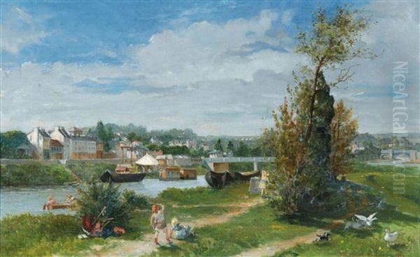 Enfants Jouant Sur Les Bords De La Seine A Bougival Oil Painting by Pawel Merwart