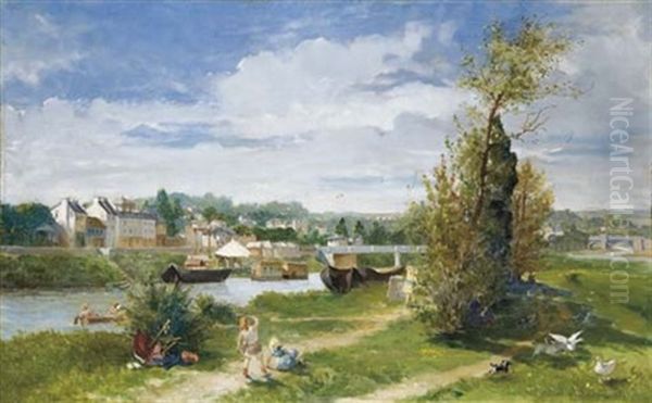 Jeux D'enfants Sur Les Bords De Seine A Bougival Oil Painting by Pawel Merwart