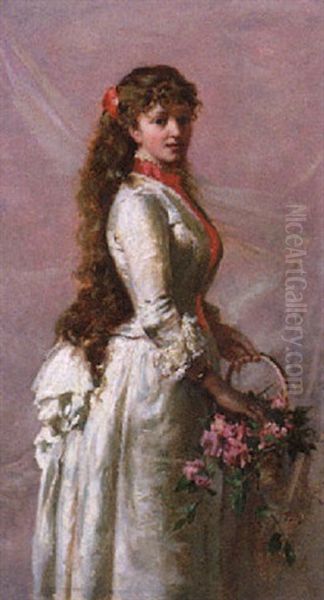 A Young Beauty With A Basket Of Roses Oil Painting by Pawel Merwart