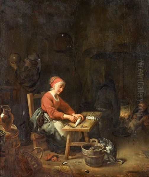 Hollandische Interieur Mit Einer Familie Beim Zubereiten Der Fische Oil Painting by Isack De Mes