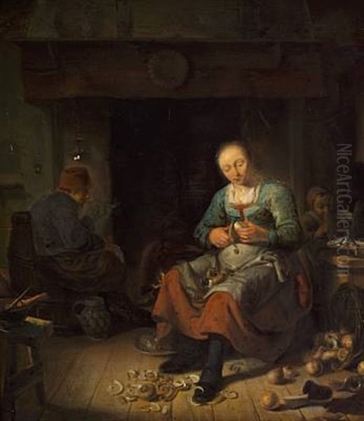 Interior With A Woman Peeling Apples by Isack De Mes