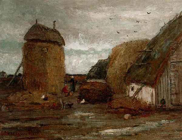 A Farmyard With Peasant Women Feeding Chickens Oil Painting by Sientje Mesdag Van Houten