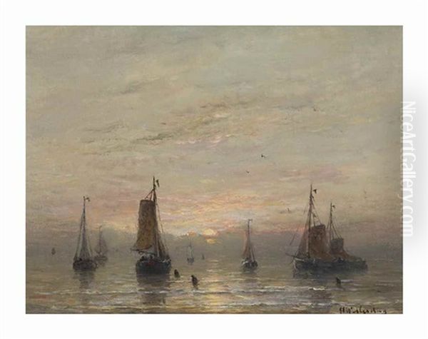 Sunset At Scheveningen Oil Painting by Hendrik Willem Mesdag