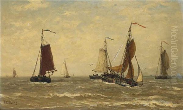 Barques Au Large: Bomschuiten In The Breakers Oil Painting by Hendrik Willem Mesdag