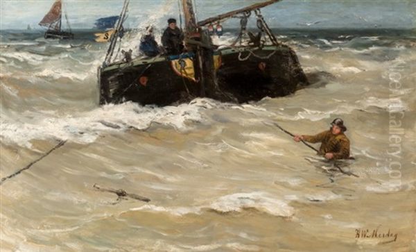 Fishing Boats In The Surf Oil Painting by Hendrik Willem Mesdag