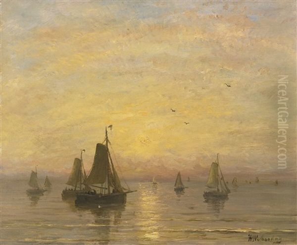 Boats On The North Sea Oil Painting by Hendrik Willem Mesdag