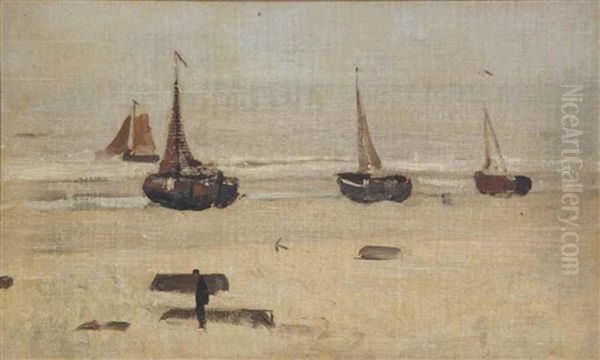 Bomschuiten On The Scheveningen Beach - A Sketch Oil Painting by Hendrik Willem Mesdag