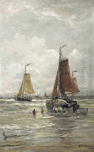 Unloading The Catch, Scheveningen Oil Painting by Hendrik Willem Mesdag