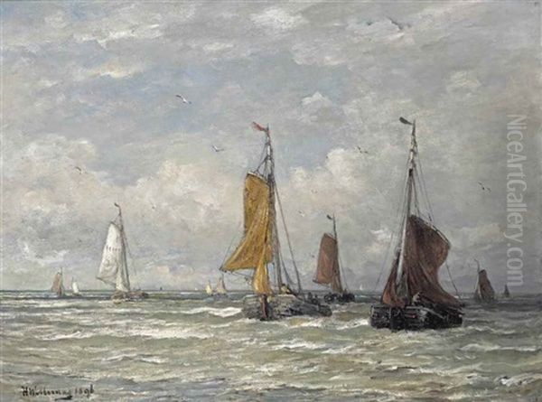 Zeilende Bomschuiten; The Return Of The Fleet, Scheveningen Oil Painting by Hendrik Willem Mesdag