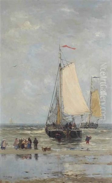 Sorting The Catch Along The Shore Of Scheveningen Oil Painting by Hendrik Willem Mesdag