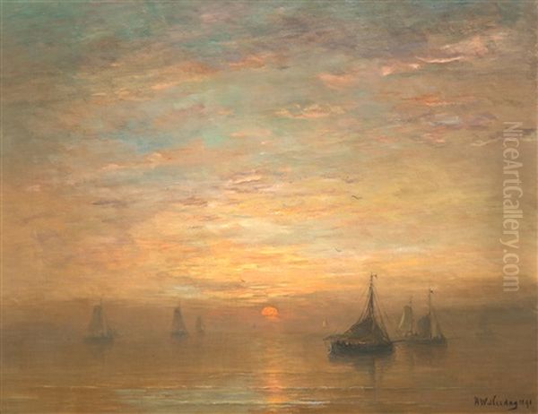 Bomschuiten Op Kalme Zee Bij Zonsondergang Oil Painting by Hendrik Willem Mesdag