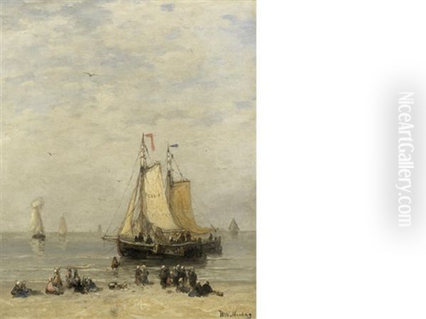 Unloading The Catch, Scheveningen Oil Painting by Hendrik Willem Mesdag