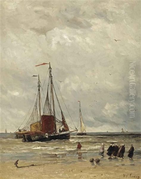 Fishing Barges At Low Tide Oil Painting by Hendrik Willem Mesdag