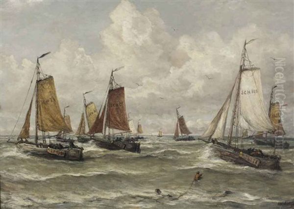 Vissersvloot Te Scheveningen: A Scheveningen Fishing-fleet Oil Painting by Hendrik Willem Mesdag