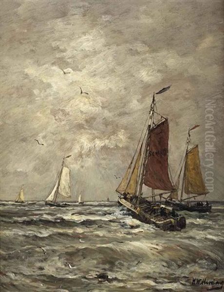 Bomschuiten In The Surf, Scheveningen Oil Painting by Hendrik Willem Mesdag