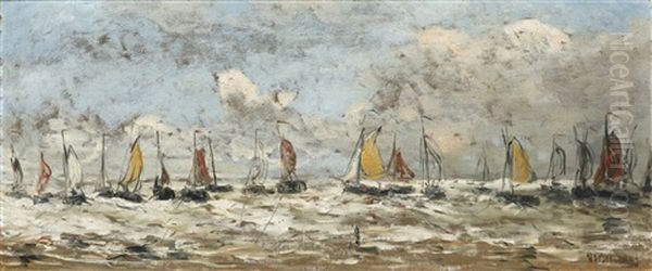 Fishing Fleet Off The Dutch Coast Oil Painting by Hendrik Willem Mesdag