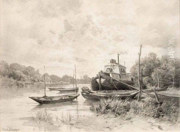 Barques Sur La Riviere Oil Painting by Paulin Bertrand