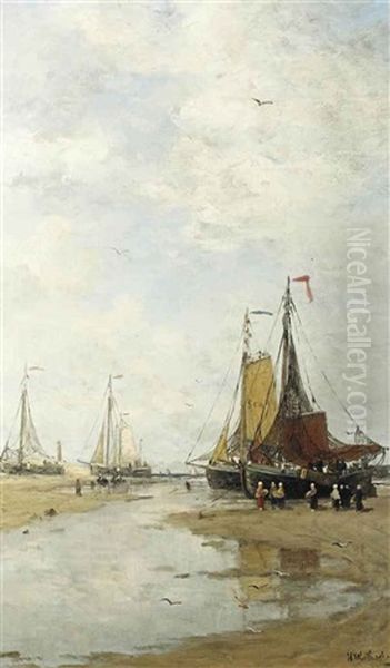 Bomschuiten On The Beach Of Scheveningen Oil Painting by Hendrik Willem Mesdag