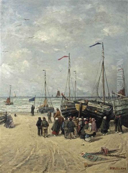 Signaling The Boats, Scheveningen Oil Painting by Hendrik Willem Mesdag