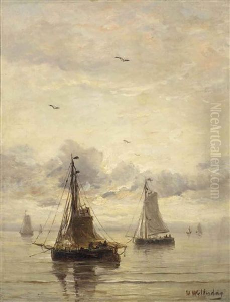 Bomschuiten At Sunset Oil Painting by Hendrik Willem Mesdag