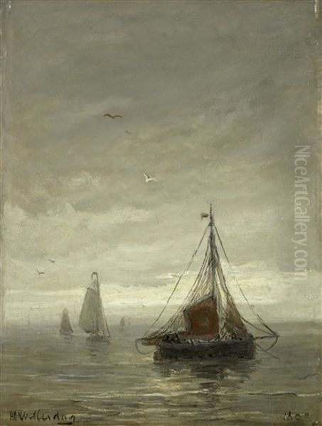 Fishing Boats On A Calm Sea Oil Painting by Hendrik Willem Mesdag